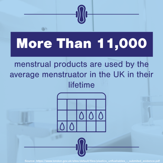 Light blue infographic with outline image of a calendar. Text reads 'more than 11,000 menstrual products are used by the average menstruator in the uk in their lifetime'.